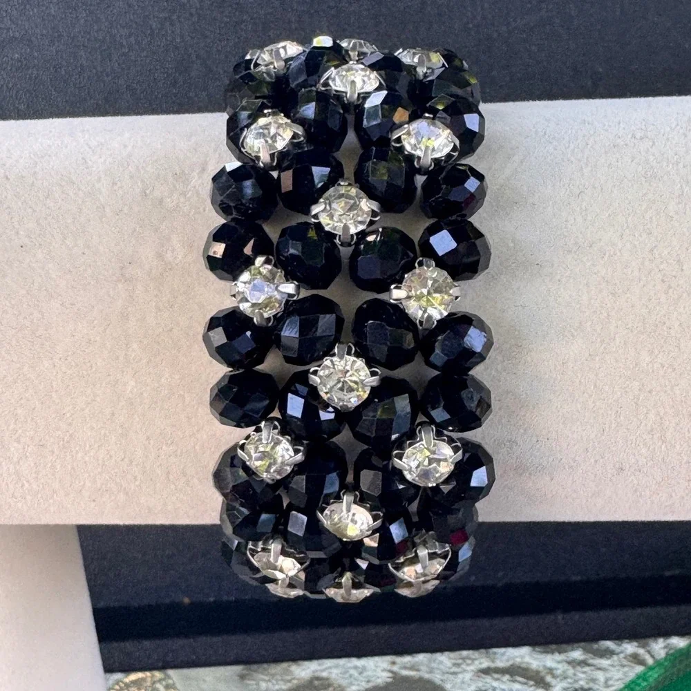 Beaded Stretch Bracelet Black‎ Faceted Crystal Rhinestone Statement Jewelry